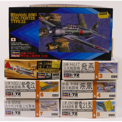 67 - Hasegawa, seven plastic 1:72 kits of aviation models, 52077, 00002, A3 00133, A4 00134, A5 00135, A6... 