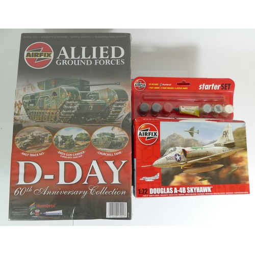 73 - Airfix, seven plastic 1:72 kits of aviation and military models, A55203, A68213, 02314, 01319, 02310... 