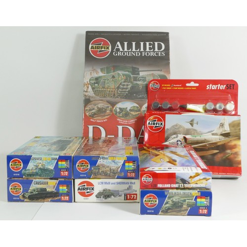 73 - Airfix, seven plastic 1:72 kits of aviation and military models, A55203, A68213, 02314, 01319, 02310... 