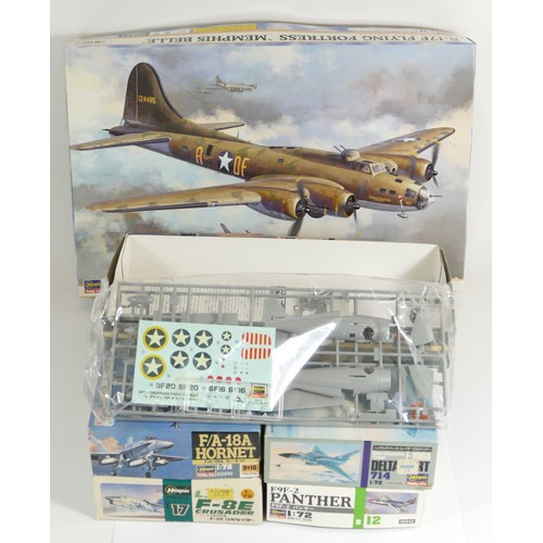 74 - Hasegawa, six vintage plastic 1:72 kits of aviation models, 00971, 02810, E17, 714, B12, 51324 AP24.