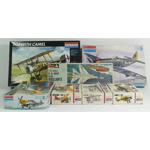 78 - Monogram, four vintage plastic 1:72 kits of aviation models, 6794, 6795, 6796, PA177-100, and three ... 