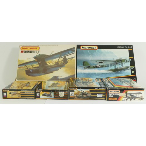 79 - Matchbox, three plastic 1:72 kits of aviation models, 40112, PK-409, 40405, a 1:72 tank, 40179, and ... 