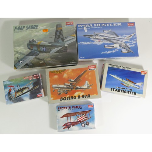 85 - academy, three plastic 1:72 kits of aviation models, 1623, 1624, 1629, a 1:144 B-58A, 4442, and two ... 