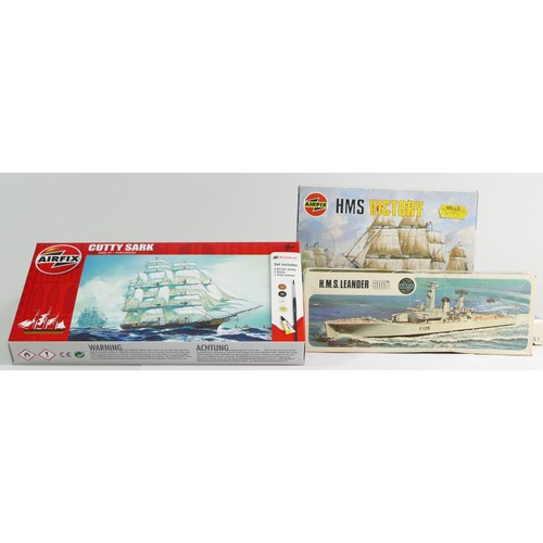 88 - Airfix, nine vintage plastic kits of maritime models, HMS Leander 600th scale model, 01206-9, Santa ... 