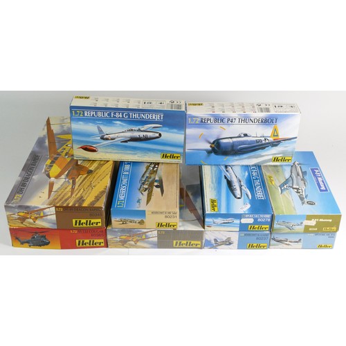 90 - Heller, ten vintage plastic 1:72 kits of aviation models, 80365, two 80345, two 80278, 80231, 80282,... 