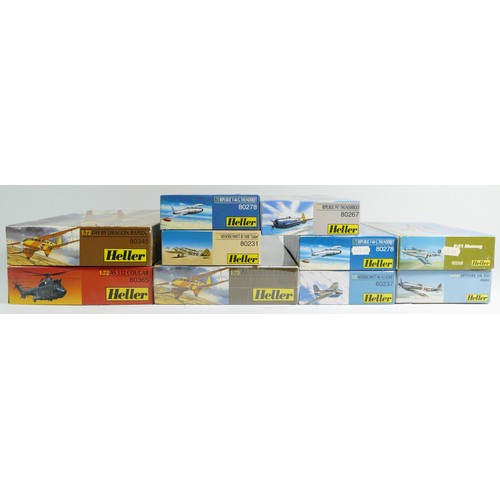 90 - Heller, ten vintage plastic 1:72 kits of aviation models, 80365, two 80345, two 80278, 80231, 80282,... 