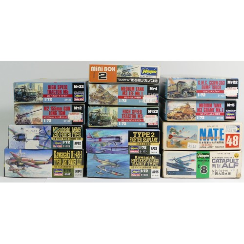 91 - Hasegawa, twelve vintage plastic 1:72 kits of aviation and military models, MB-002, Mt22 31122, Mt5 ... 