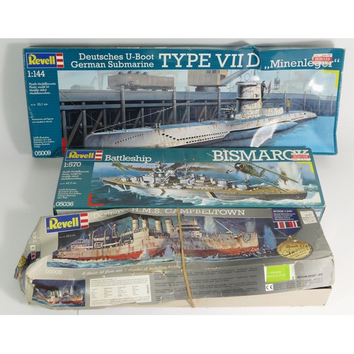 93 - Revell, five plastic kits of maritime models, U-boat VII D, 05009, a 1:72 PT 117, 05048, a 1:570 Bis... 