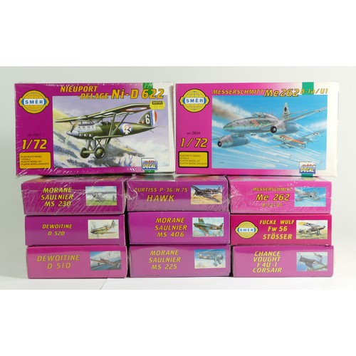 94 - Smér, eleven vintage plastic 1:72 kits of aviation models, 0838, 0834, 0837, 0839, 0851, 0834, 0835,... 