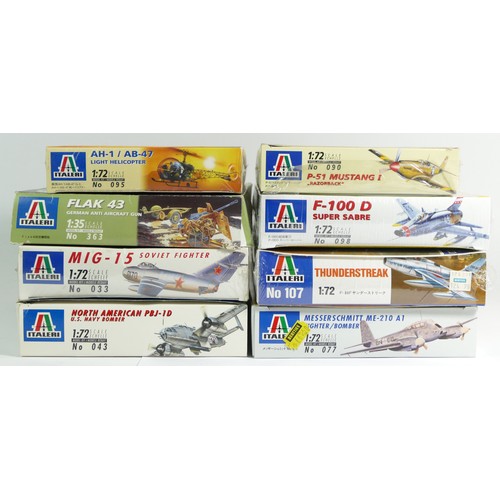 101 - Italeri, seven plastic 1:72 kits of aviation models, 077, 107, 098, 095, 090, 043, 033, and a 1:35 k... 