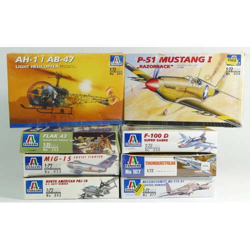 101 - Italeri, seven plastic 1:72 kits of aviation models, 077, 107, 098, 095, 090, 043, 033, and a 1:35 k... 