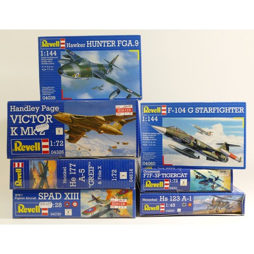 109 - Revell, three plastic 1:72 kits of aviation models, 04326, 04616, 04311, a 1:28 Spad XIII, 04730, a ... 