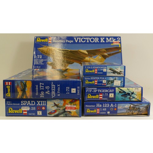 109 - Revell, three plastic 1:72 kits of aviation models, 04326, 04616, 04311, a 1:28 Spad XIII, 04730, a ... 