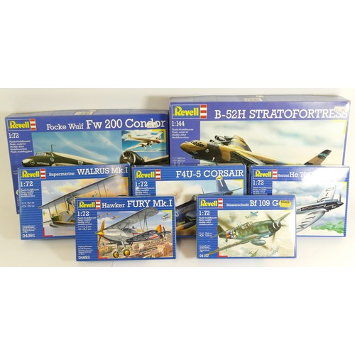 116 - Revell, six plastic 1:72 kits of aviation models, 4387, 04391, 04693, 04107, 04143, 04229, and a 1:1... 