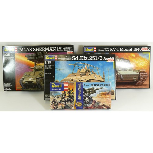 119 - Revell, three plastic 1:35 kits of military models, KV-1. 03085, Sd.Kfz 251/3, 03065, M4A3 Sherman, ... 