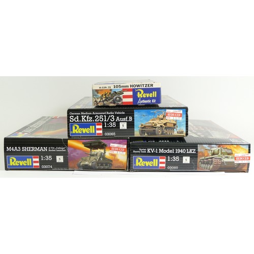 119 - Revell, three plastic 1:35 kits of military models, KV-1. 03085, Sd.Kfz 251/3, 03065, M4A3 Sherman, ... 