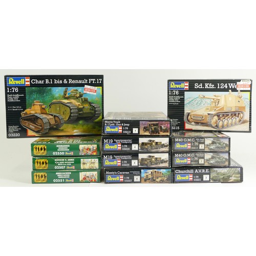 120 - Revell, nine plastic 1:76 kits of military models, 03215, 03217, 03221, 03219, two 03226, 03227, 032... 