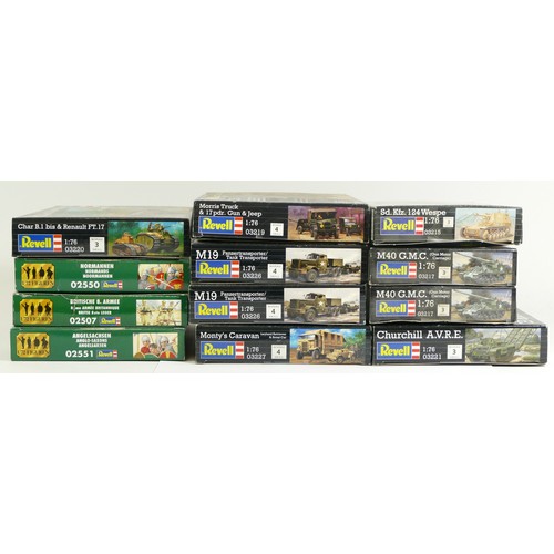 120 - Revell, nine plastic 1:76 kits of military models, 03215, 03217, 03221, 03219, two 03226, 03227, 032... 