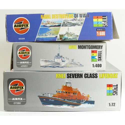 127 - Airfix, three plastic kits of maritime models, HMS Montgomery, 1:400, A03251, HMS Cossack, 1:600, 05... 