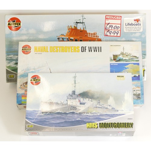 127 - Airfix, three plastic kits of maritime models, HMS Montgomery, 1:400, A03251, HMS Cossack, 1:600, 05... 