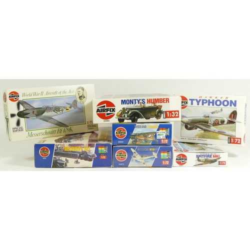 129 - Airfix, a 1995 plastic 1:32 kit of Monty's Humber, 05360, with six 1:72 kits of aviation and militar... 