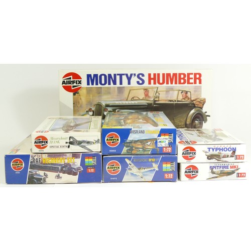 129 - Airfix, a 1995 plastic 1:32 kit of Monty's Humber, 05360, with six 1:72 kits of aviation and militar... 