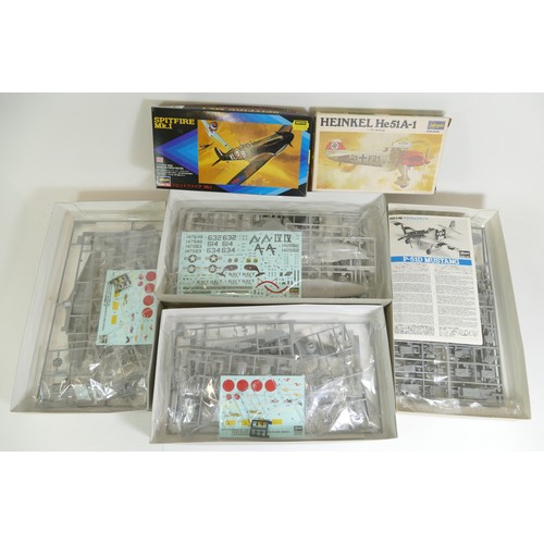 131 - Hasegawa, a 1970 plastic 1:72 Heinkel He51A-1 model kit, JS-053, four 1:72 aviation kits, two 51205,... 