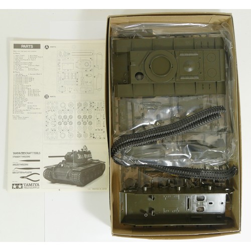 136 - Tamiya, a plastic 1:35 Russian Heavy Tank KV-I (Type C) model kit, 35066, a 1:48 Mikoyan-Gurevich Mi... 