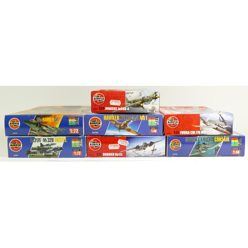 142 - Airfix, a plastic 1:48 Vought F4U-1A Corsair kit model, 05106, a 1:48 Hawker Hurricane Mk I kit, 041... 