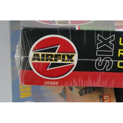 145 - Airfix, a plastic 1:43 Six World Rally Cars models kits, 08659, a 1:6 Skeleton kit, A301N, together ... 