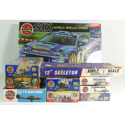 145 - Airfix, a plastic 1:43 Six World Rally Cars models kits, 08659, a 1:6 Skeleton kit, A301N, together ... 