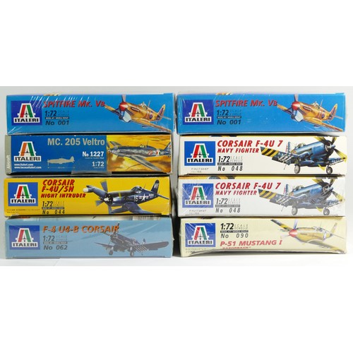 148 - Italeri, eight plastic 1:72 kits of aviation models, two 001, 090, two 048, 062, 044, and 1227.