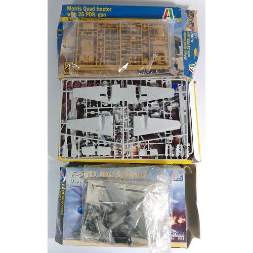 150 - Italeri, five plastic 1:72 kits of aviation and military models, 039, 1236, 186, 7027, 086, and a 1:... 