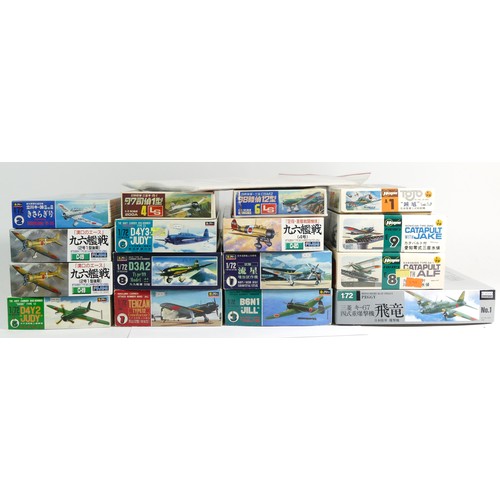 152 - Hasegawa, three plastic 1:72 kits of aviation models, E8, E9, A1, a book of Aeromaster Decals - Eagl... 