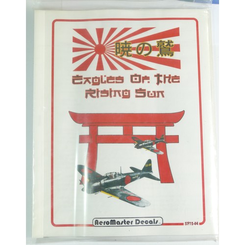 152 - Hasegawa, three plastic 1:72 kits of aviation models, E8, E9, A1, a book of Aeromaster Decals - Eagl... 