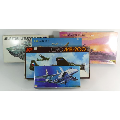 153 - Heller, a 1:400 Admiral Scheer model kit, 81045, a 1:48 Mig-17 F kit, 80416, and other branded kit m... 