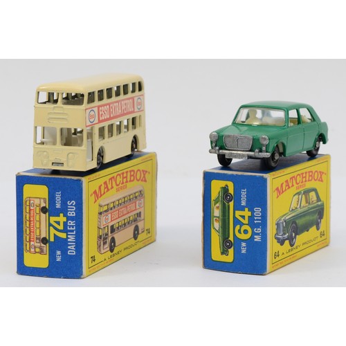 182 - Two Matchbox Series Lesney 1965-1968 diecasts, No 64 M.G. 1100 and No 74 Daimler Bus, both boxed.
VG... 