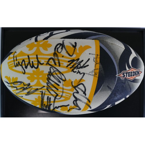 310 - A collection of Hull F.C Sponsors memorabilia items, to include a 2013 signed rugby ball, fixture ti... 