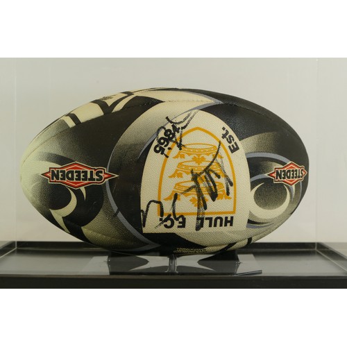 310 - A collection of Hull F.C Sponsors memorabilia items, to include a 2013 signed rugby ball, fixture ti... 