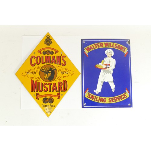 327 - A reproduction vitreous enamel Colman's Mustard diamond shaped sign, 34 x 26cm together with a Walte... 