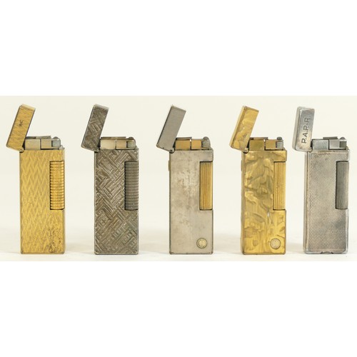 364 - Dunhill, two gold plated Rollagas lighters, two silver plated examples and a chrome example