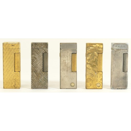 364 - Dunhill, two gold plated Rollagas lighters, two silver plated examples and a chrome example