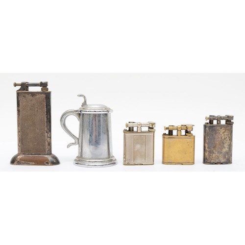 370 - Dunhill, A silver plated petrol tall table lighter, 10cm, three other Dunhill lighters and a novelty... 