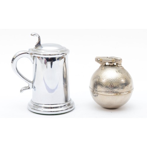 376 - Dunhill, a chrome plated novelty petrol table lighter in the form of a lidded tankard, 9cm and anoth... 