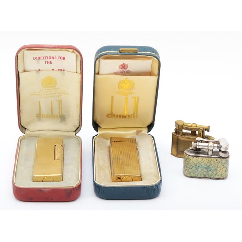 377 - Dunhill, a shagreen and chrome small petrol lighter,  pat no. 143752, another gilt example, pat no. ... 