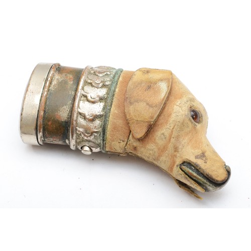 385 - A novelty vesta case in the form of a dogs head, leather covered, glass eyes, 7.5cm