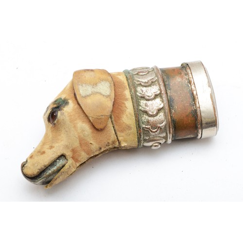 385 - A novelty vesta case in the form of a dogs head, leather covered, glass eyes, 7.5cm