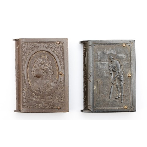 388 - A Victorian pressed resin/Vulcanite vesta case, depicting a cricketer to one side and a golfer the o... 