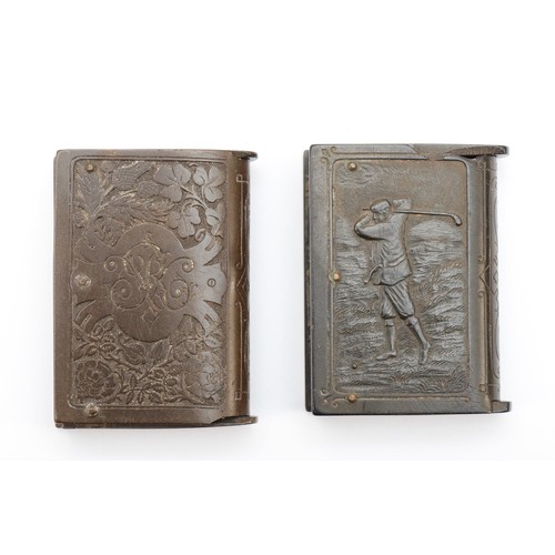 388 - A Victorian pressed resin/Vulcanite vesta case, depicting a cricketer to one side and a golfer the o... 