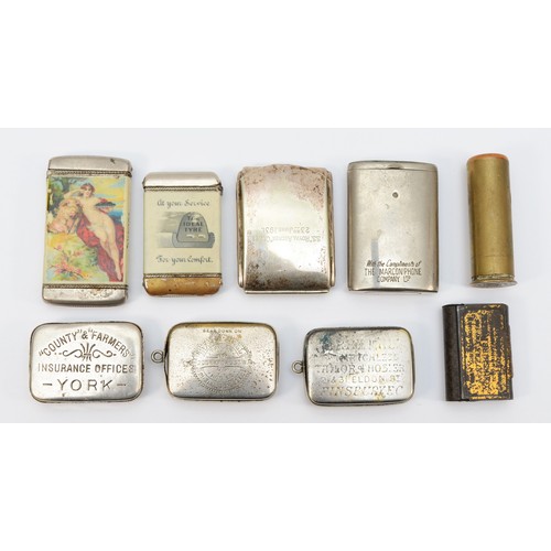 389 - Nine various metal advertising vesta cases, including The Molassine Co.Ltd, with a naked lady and Th... 